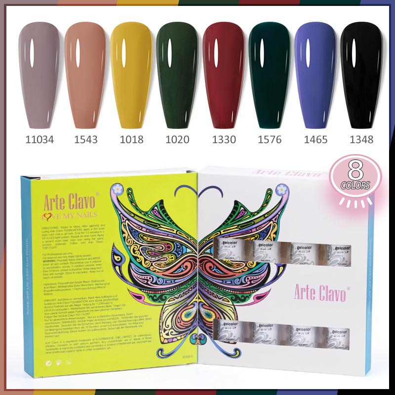 Arte Clavo 8 бутылок/набор, высококачественный блестящий гель-лак для ногтей для маникюра, гель-лак для дизайна ногтей, верхнее базовое покрытие, лак