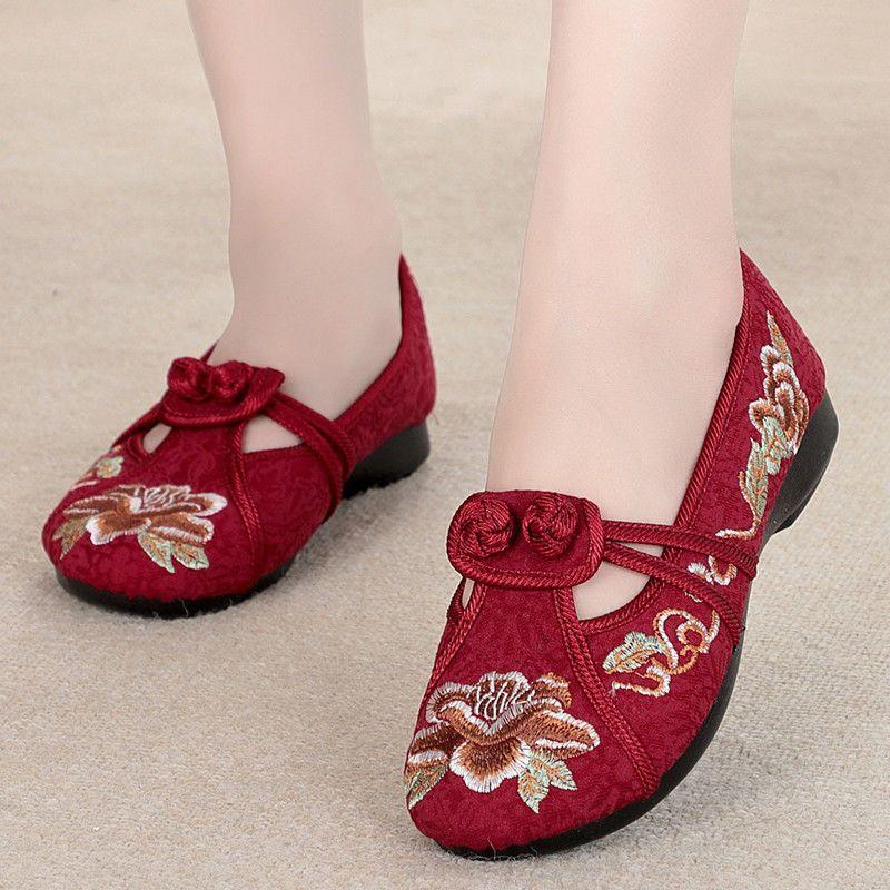 Women Anti-slip Embroidered Shoes Ladies Soft Sole Flat Heel Round Toe Solid Color Breathable Canvas Shoe Footwears