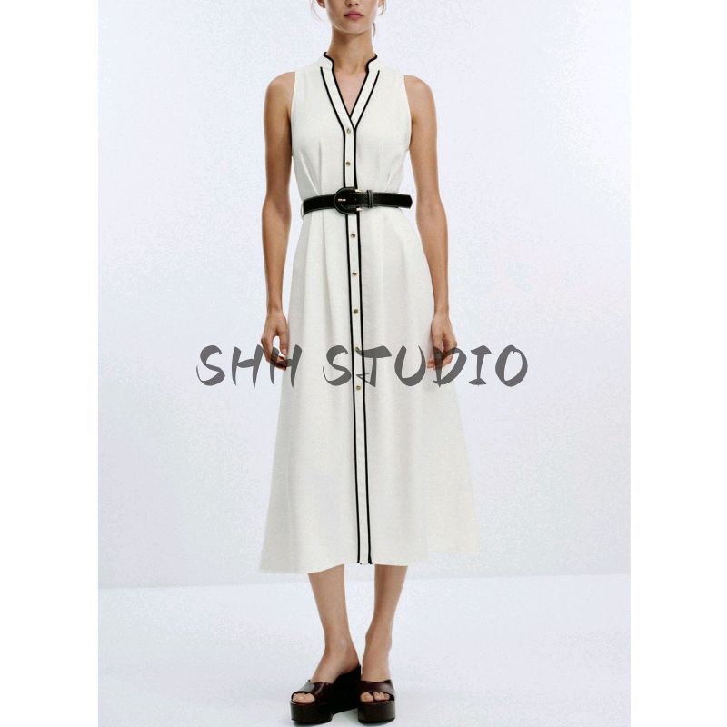 Summer New Product Women's Clothes Minimalist Round Neck Sleeveless Contrast Color Trim Belt Midi Skirt Dress 8552957