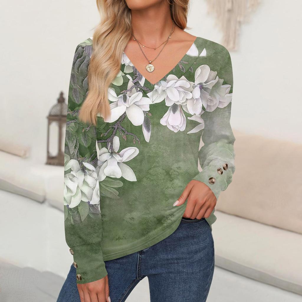 Women's Tops Floral Print Long Sleeve Shirt V Neck Casual Loose Tee Autumn Clothing