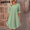 Spring/Summer Women's Vintage Cotton and Linen Medium Sleeve O-Neck Solid Color Loose Hem Dresses