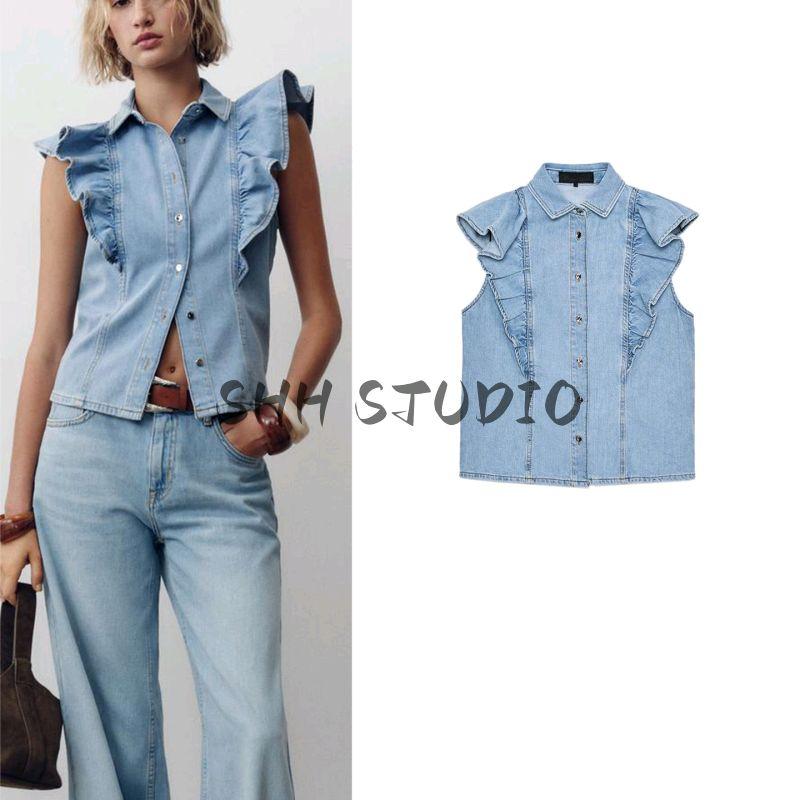 Summer New Women Clothes Simple Style Single-Breasted Sleeveless Lapel Laminated Decoration Demin Shirt 9942155