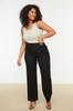 Women's Style Plus Size Black High Waist Ribbed Stitched Flare Leg Woven Trousers