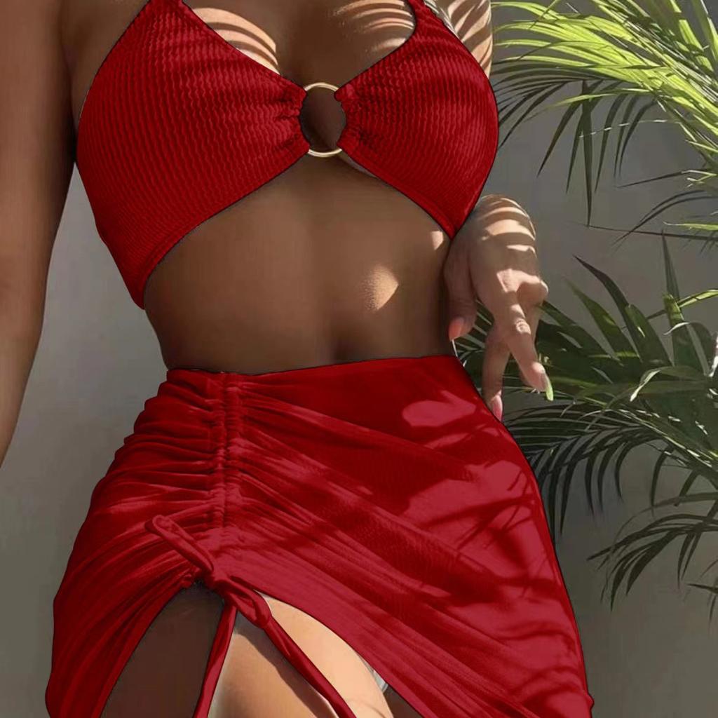 Бикини 2022 Юбка Купальник Женский Холтер Стринги Комплект из 3 предметов Сексуальный купальный костюм Купальный костюм с высокой талией Купальники Сексуальное бикини