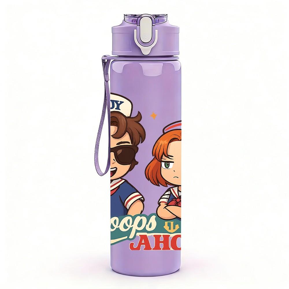 1PC Retro Explorer Couple Cartoon Print 750ml Color Plastic Sports Water Bottle Leakproof Flip Straw Lid Suitable for Sports Office Home Use