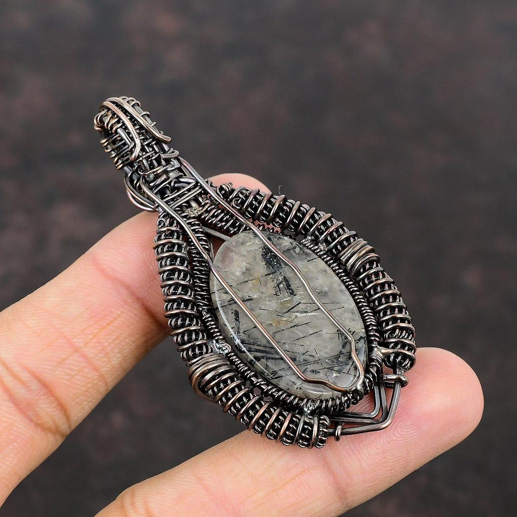 Black Rutile Pendant Copper Wire Wrapped Gemstone Pendant Antique Copper Jewelry Labradorite Pendant Handmade Pendant Wire Jewelry For Gift