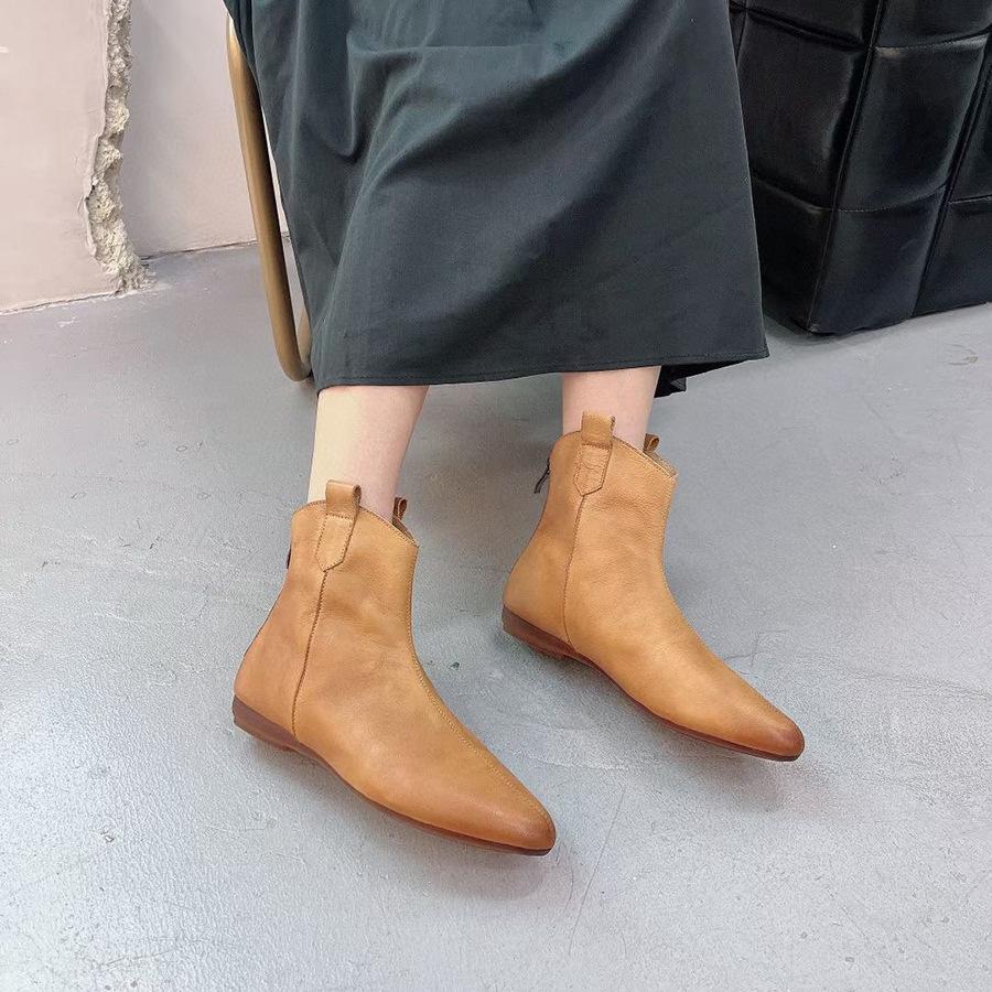 Johnature Женские полусапоги в стиле ретро, ​​однотонные туфли из натуральной кожи, ботильоны ручной работы с круглым носком на молнии сзади