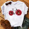 Spring Summer Ladies Floral Bicycle Pattern Fashion Cartoon Print White Letter Tshirt Women Clothes T Shirt Funny New Tee Tops