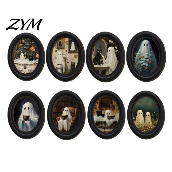 Unique Housewarming Gifts Halloween Wooden Door Hanging Sign, Oval Gothic Black Cat Ghost Wall Plaque, Retro Spooky Aesthetic Room Decor Waterproof
