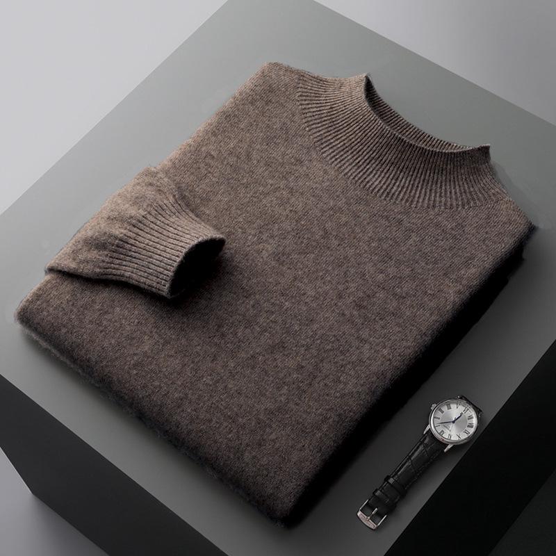 Men's Pure Wool Half-High Collar Solid Color Pullover Sweater - Loose, Plus Size, Warm Knitwear