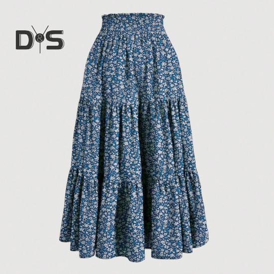 Женская юбка, эластичная, с высокой талией, на шнуровке, юбка-лето, в стиле бохо, с цветочным принтом, оборками, низом, длинная юбка