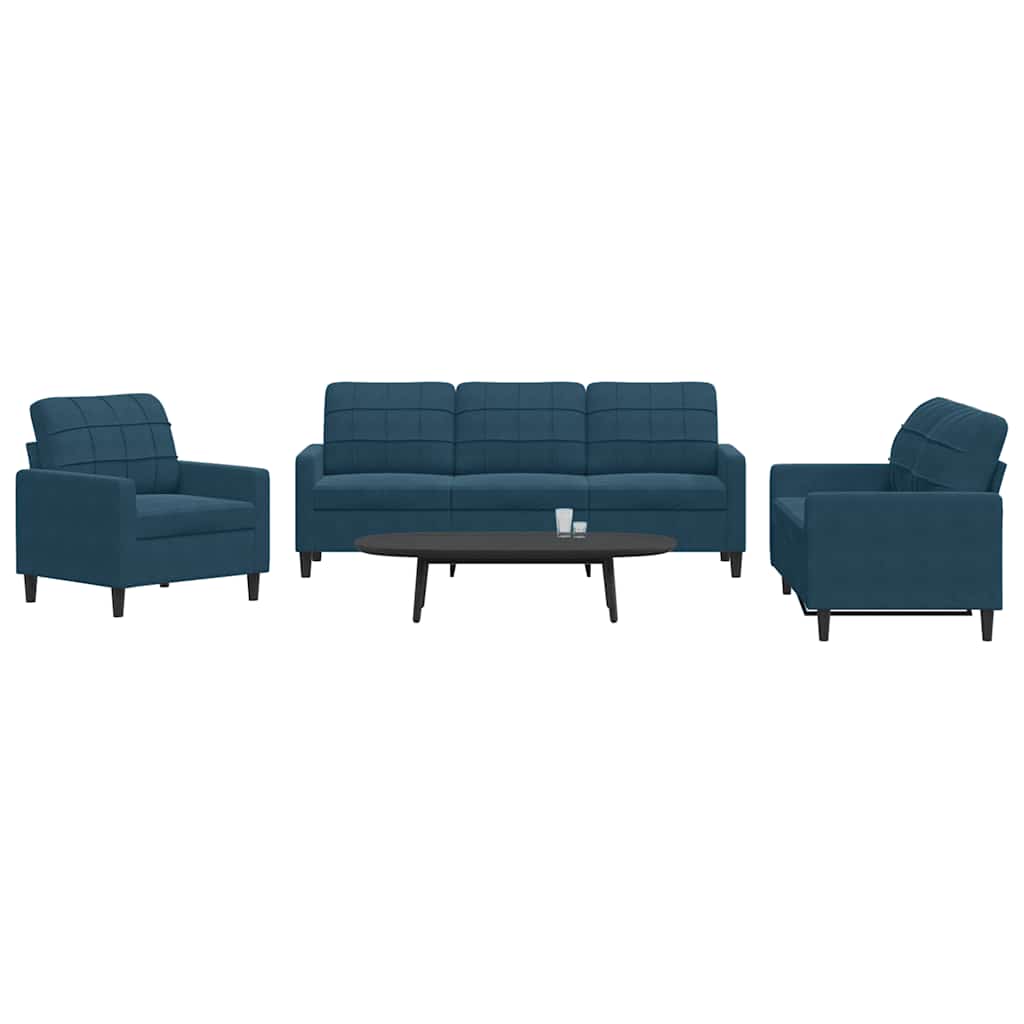 3 Piece Sofa Set with Cushions Blue Velvet