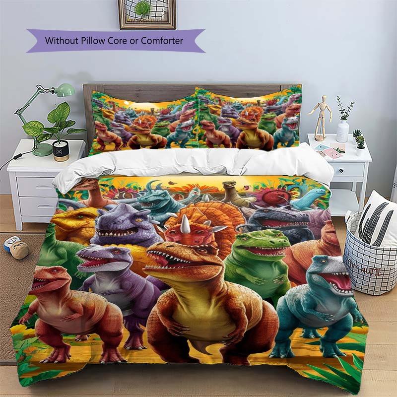 Colorful Dinosaur Jungle Group Print 3‑Pieces Duvet Cover Set Prehistoric Animal Bedding Bedroom Home Decor Without Pillow Core Comforter