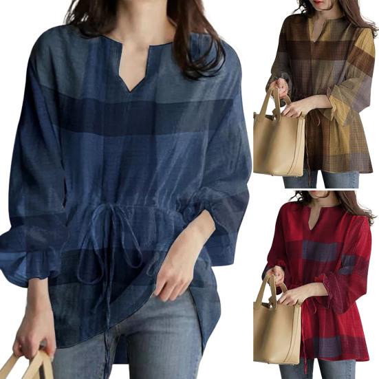 V-образный вырез с рюшами Манжеты на талии Шнуровка в клетку с принтом Повседневная блузка Простой повседневный стиль