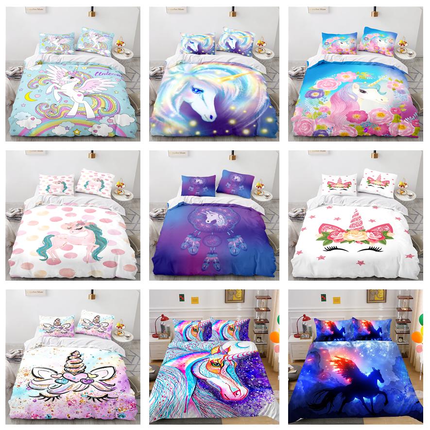 Комплект постельного белья серии 3D Единорог с мультяшными животными, пододеяльник и наволочка, 2/3 предмета, милое животное для комнаты для девочек, мягкое украшение для дома, которое можно стирать в машине