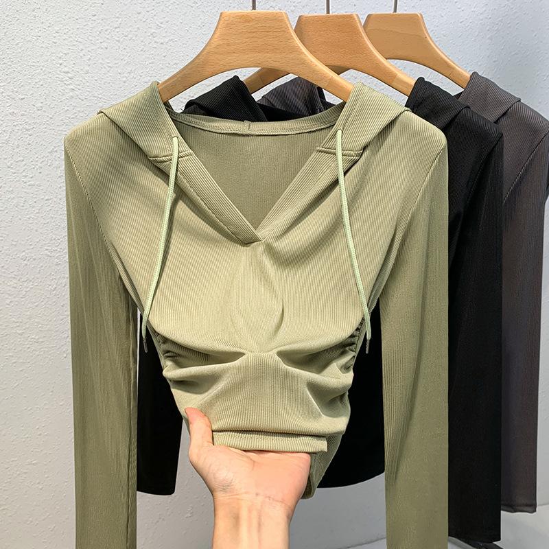 Женская осенне-зимняя толстовка с капюшоном, длинными рукавами, тонким дном и складками на талии
