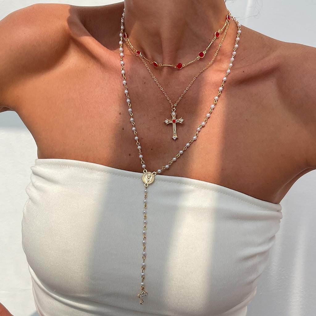 Jewelry 3-piece Set, Diamond-encrusted Cross Chain Necklace Set, Small Flower Crystal Copper-clad Iron Chain Neck Chain.