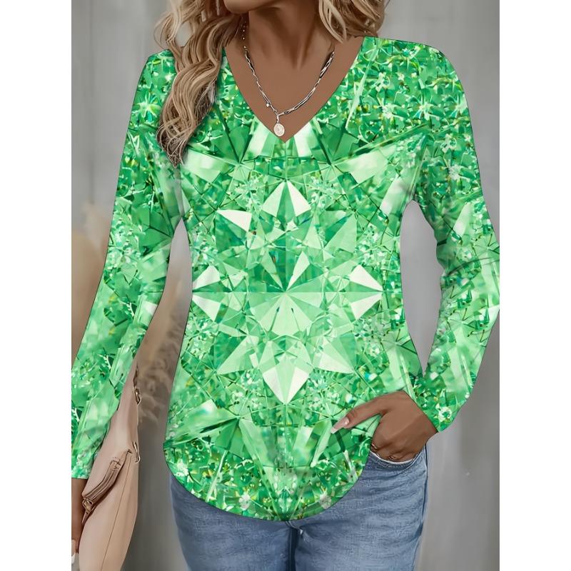 All-over printed women's fashionable V-neck crystal star long-sleeved blouse