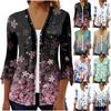 Women's Fashion Loose Casual Printed Seven-Part Sleeve Button Down Blouse Cardigan Top