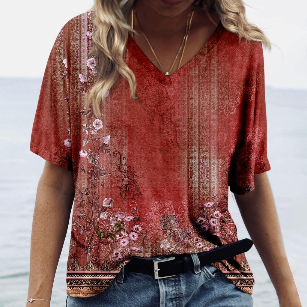 Women's Fashion Casual Print V-neck Short Sleeves Printed T-shirt