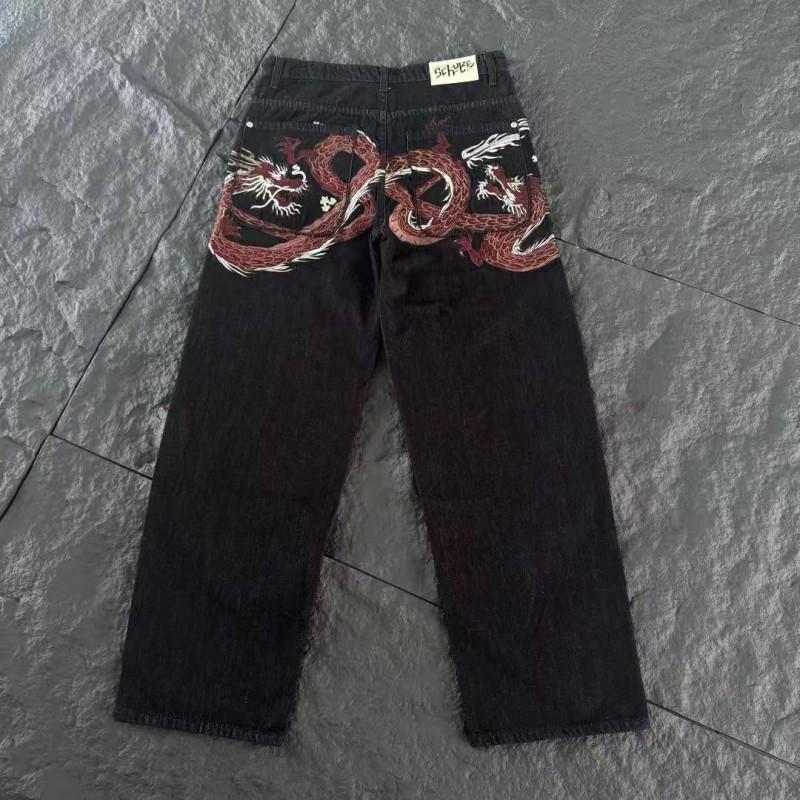 Mens Streetwear Loose Fit Denim Pants With Plum Blossom Embroidery Casual Straight Leg Jeans