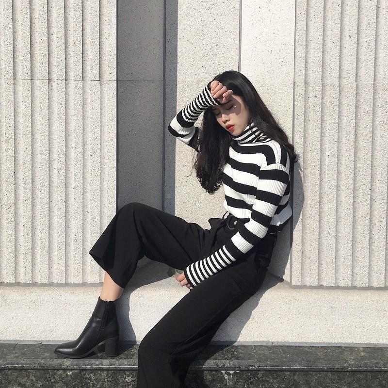 Свитер женский, водолазка, трикотаж, черно-белый полосатый пуловер, корейский тонкий топ, модный свитер, осенне-зимняя мода