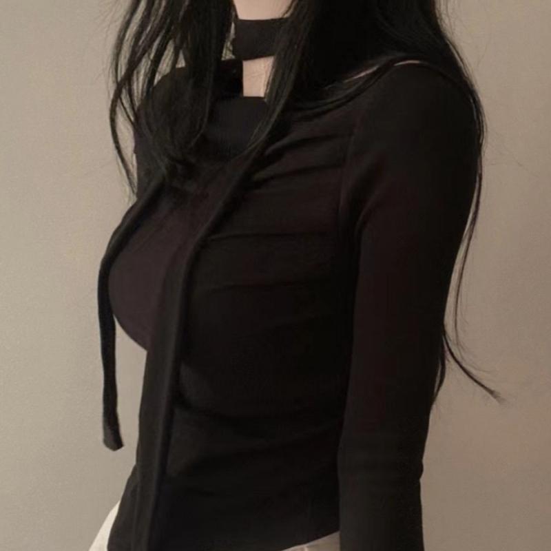 Укороченные футболки Y2K, женские шикарные топы с длинными рукавами, женская винтажная модная футболка с открытыми плечами, женская весенняя повседневная футболка на шнуровке