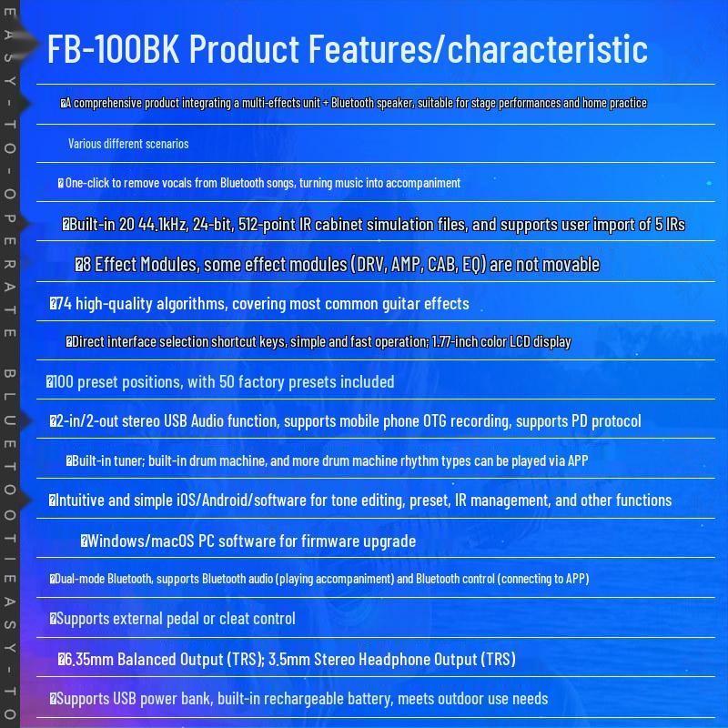 Ving FB100 Bluetooth Перезаряжаемый Электрогитарный Усилитель с Мультиэффектами, Портативный для Выступлений на Открытом Воздухе.