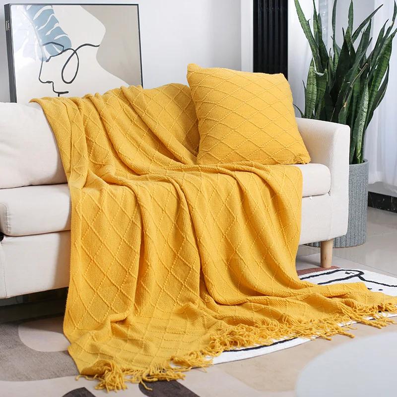 Nordic Knitted TV Blankets Bed End Decor Drop Ship Shawl Sofa Blanket with Tassels Scarf Sofa Emulation Fleece Throw Blanket