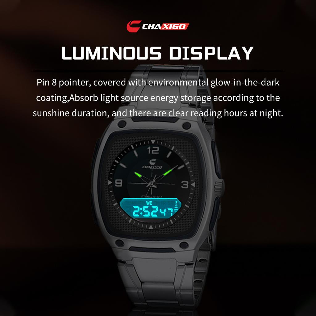 Мужские аналоговые часы с двойным дисплеем на стальном браслете, люминесцентные стрелки, водонепроницаемость 30 м, кварцевые часы