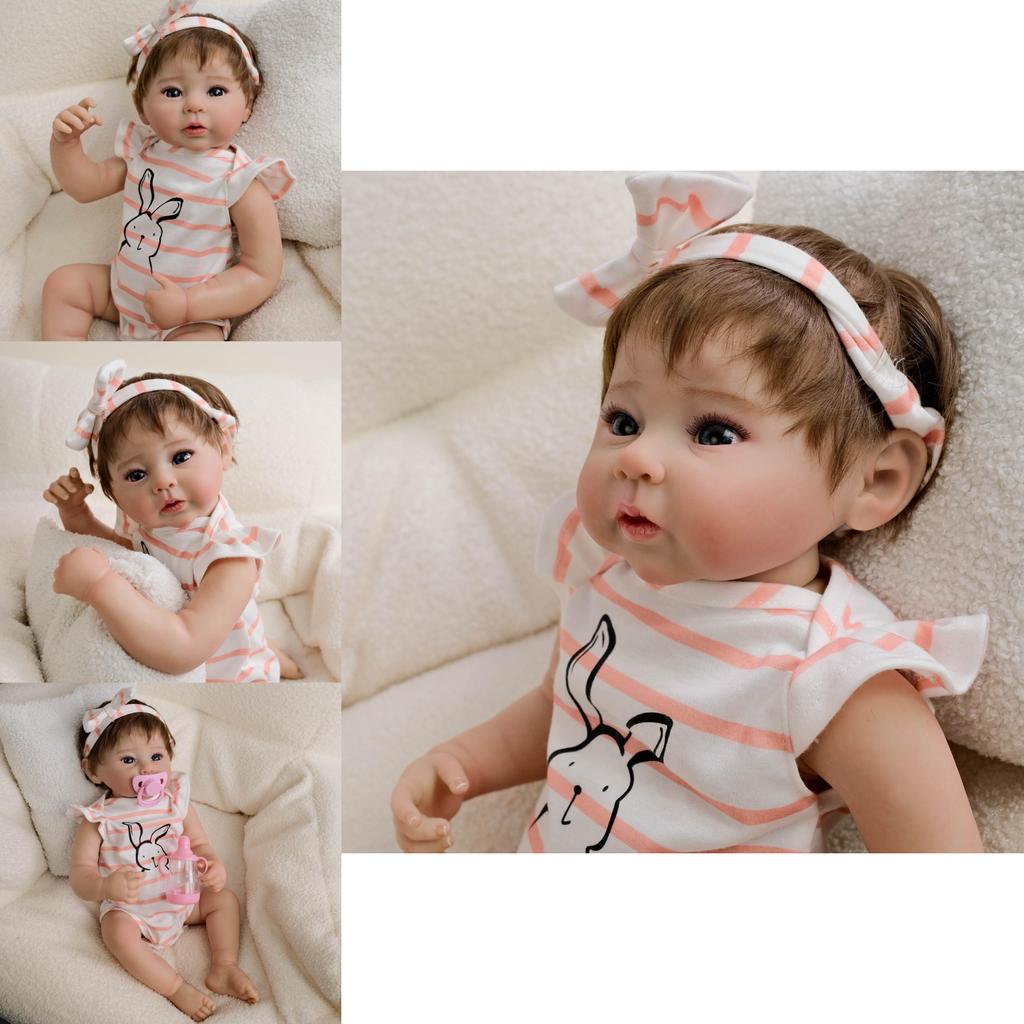 19inch Silicone Reborn Baby Doll With Striped Headband And Rabbit Print Clothing Decorationfor Collectors And Gift Givers