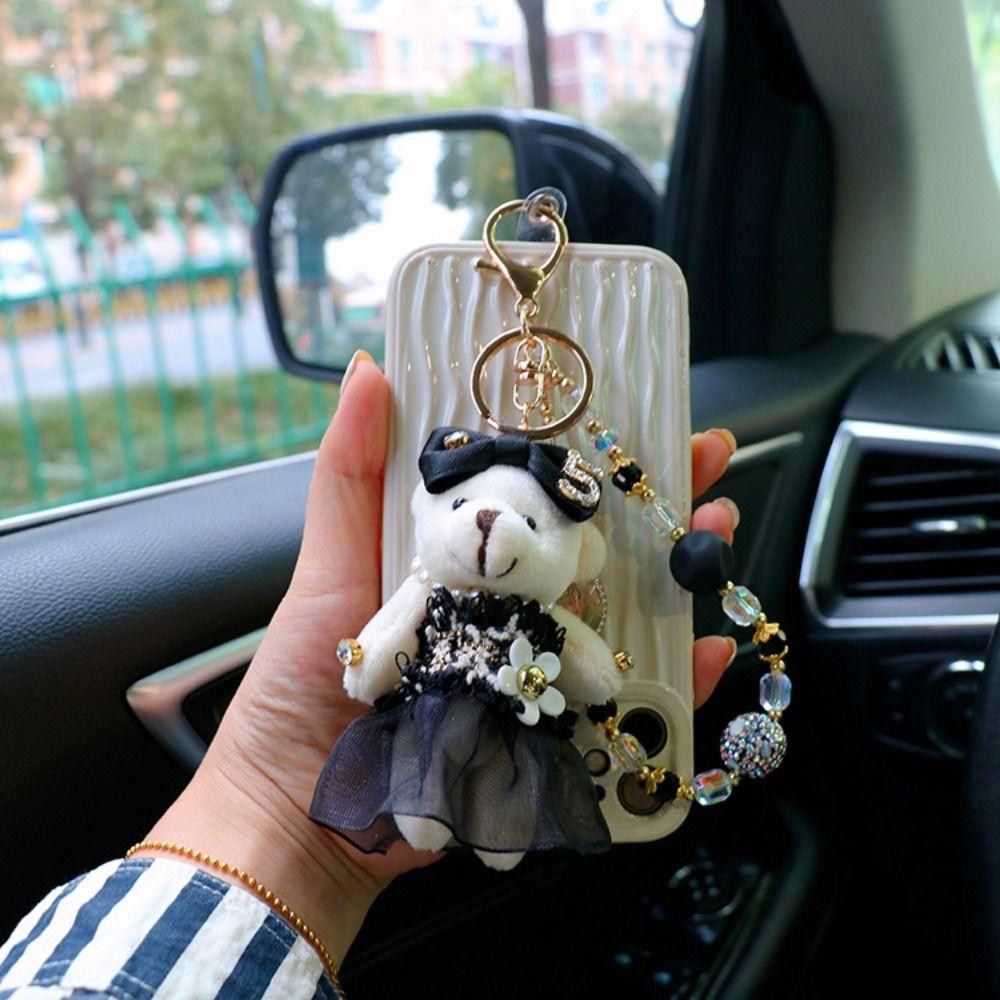 Crystal Bead String Stuffed Doll Pendant Lovely Car Key Ring Little Bear Keychain Female