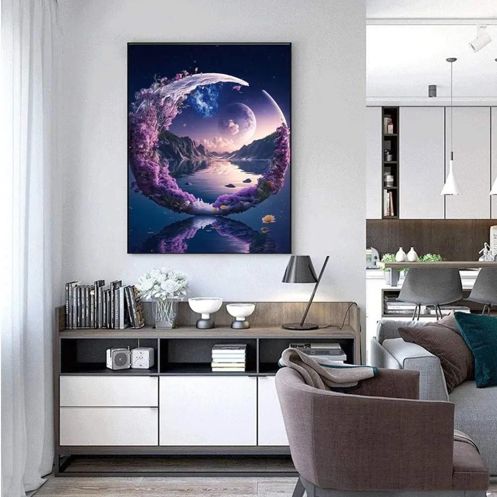 5D DIY Diamond Painting Purple Moon Landscape Full Round Diamond Mosaic Embroidery Cross Stitch Kit Home Decoration Gifts