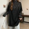 Women's Clothing Autumn Winter Korean Fashion Rhinestone Thick Warm Basic T-shirts High Collar Black Oversized Long Sleeve Tops