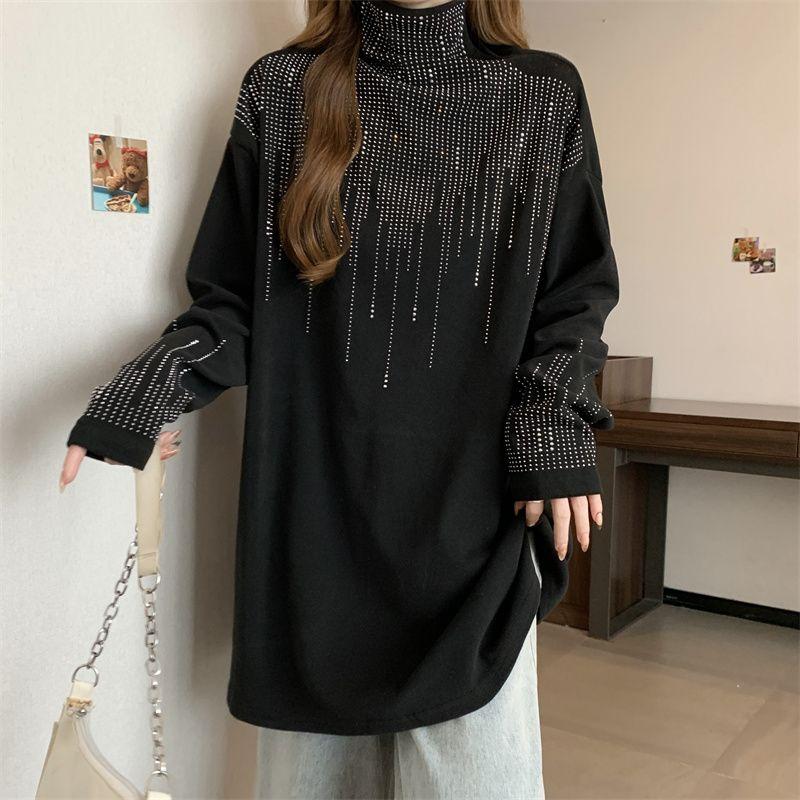Women's Clothing Autumn Winter Korean Fashion Rhinestone Thick Warm Basic T-shirts High Collar Black Oversized Long Sleeve Tops