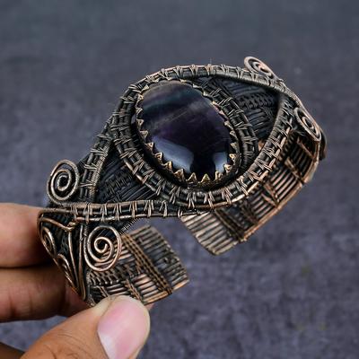 Браслет-манжета из натурального флюорита ручной работы из медной проволоки, регулируемый k0t91