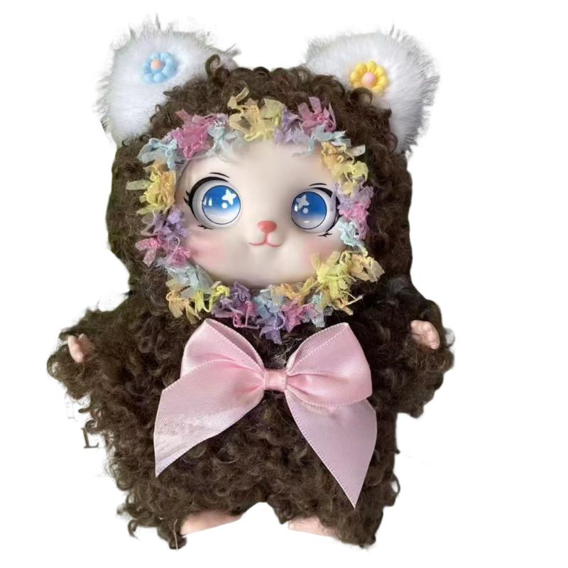 1 шт. Милая Плюшевая Кукла Кошка С Кудрявой Шерстью Брелок Kawaii Венок Из Цветов Мягкая Игрушка С Бантом Для Сумки Брелок Подарок Для Детей