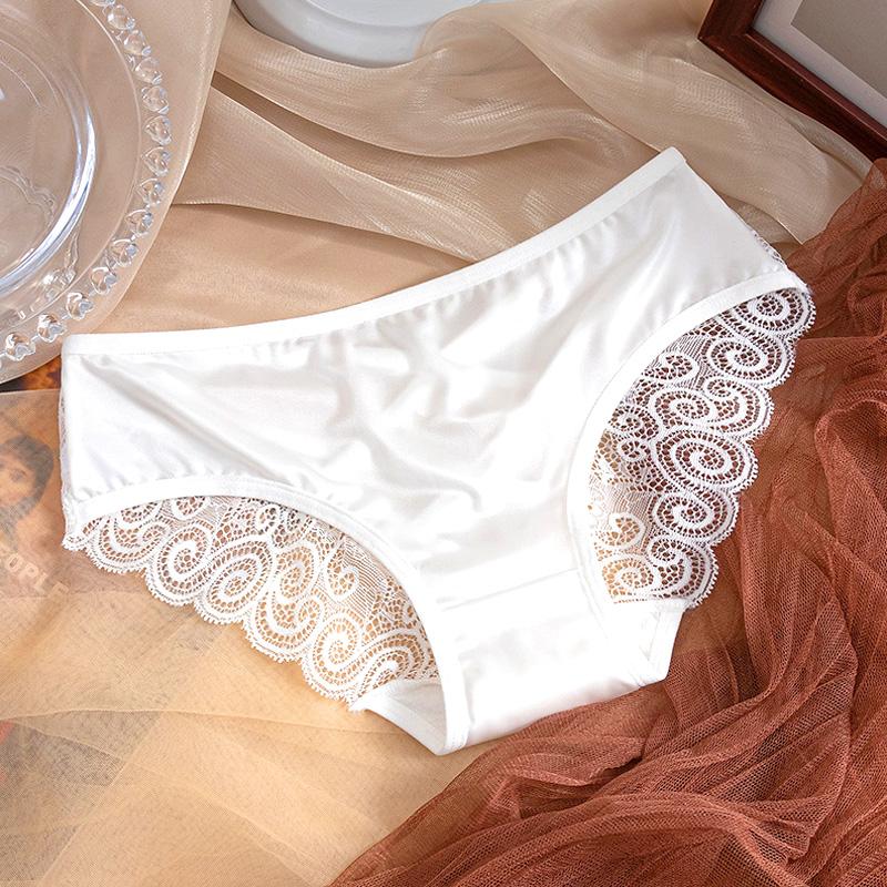 Women Bowknot Spaghetti Strap Satin Panties Mid Waist Hollow Out Lace Briefs Solid Color Seamless