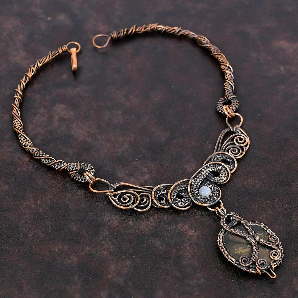 Ожерелье с хиастолитом, ожерелье из медной проволоки, ювелирные изделия из натуральных драгоценных камней, ожерелье из радужного лунного камня, медные украшения ручной работы, подарок для женщин