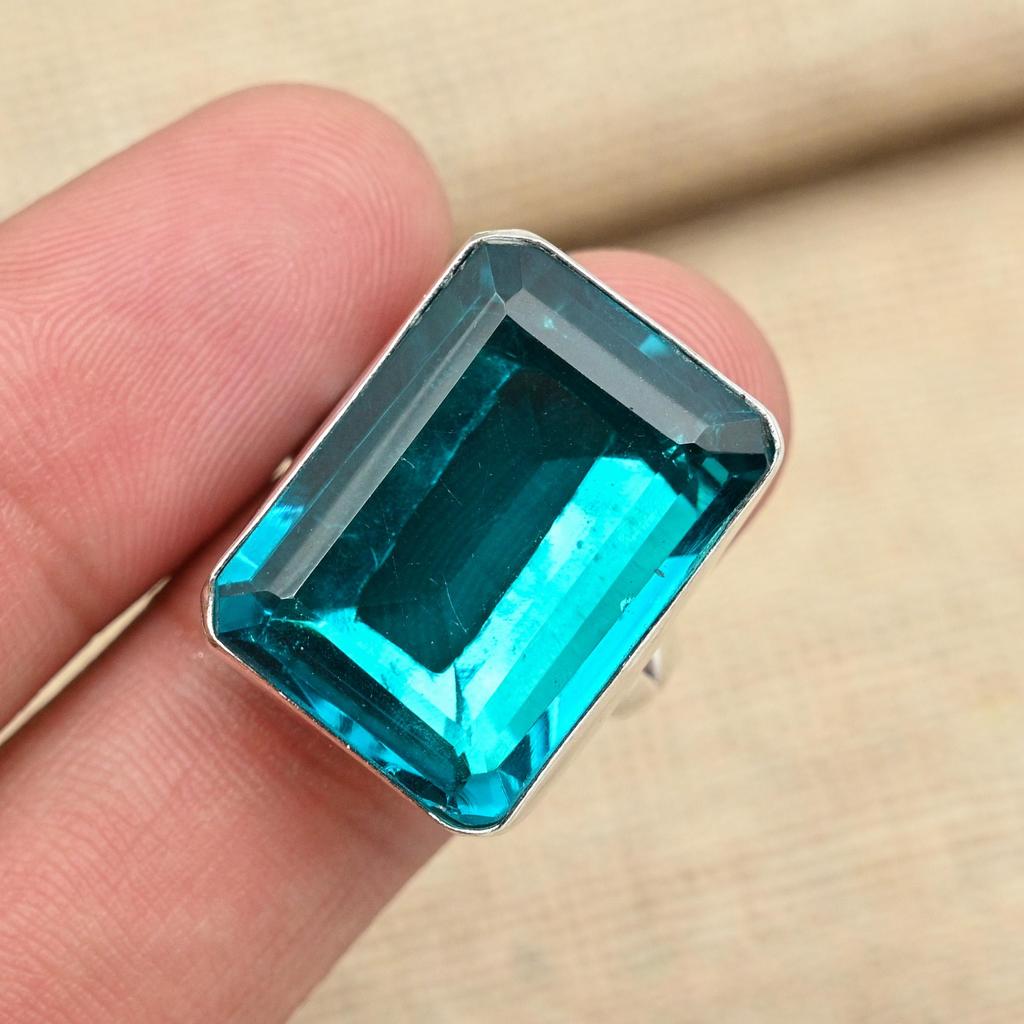 Faceted Blue Tourmaline Gemstone 925 Solid Silver Jewelry Handmade Ring All Size