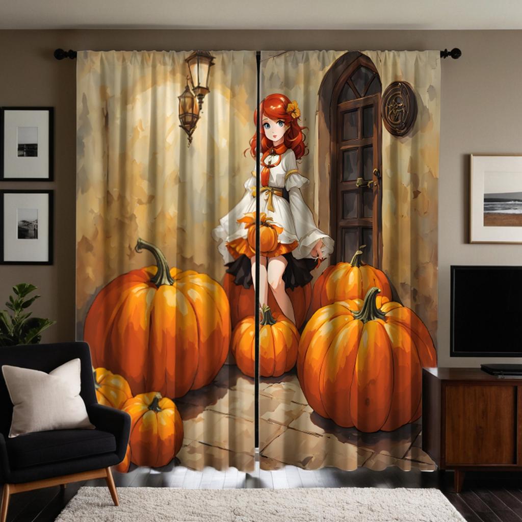 2 шт. HD Занавеска для задней комнаты с изображением тыквы и девочки из мультфильма Желтая завязка с цифровым принтом для украшения дома в стиле гостиной