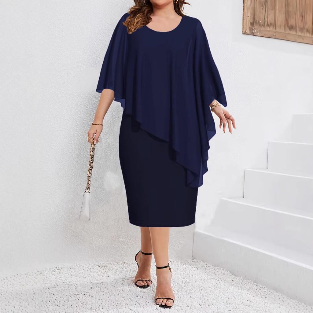 Женское однотонное платье-шаль из шифона с рукавами «летучая мышь» и круглым вырезом, облегающее, большого размера, миди