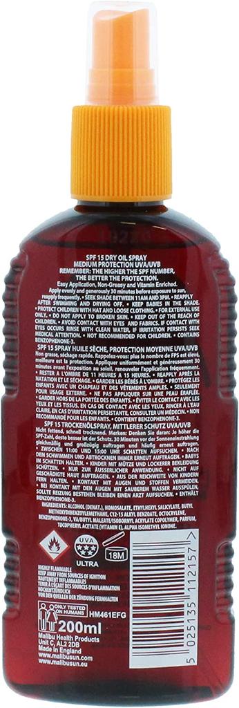 Malibu Сухой спрей-масло SPF15 Бронзирующее солнцезащитное масло 200 мл