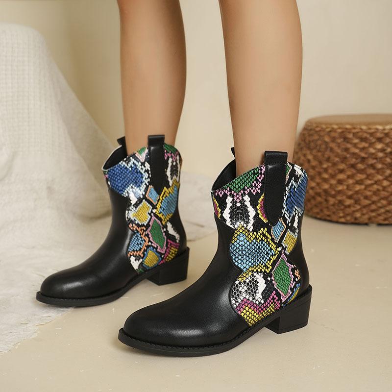 Fashion European and American Ethnic Style Women's Boots 2024 Autumn Winter New Western Cowboy Boots Color Blocked Versatile Short Boots