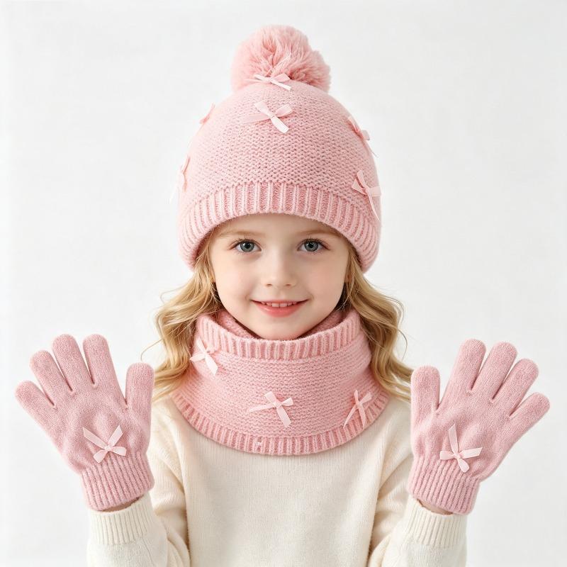 Winter Children's Knitted Hat, Scarf Gloves, Three Piece Set, Girls' Handmade Butterfly Knot Yarn Hat