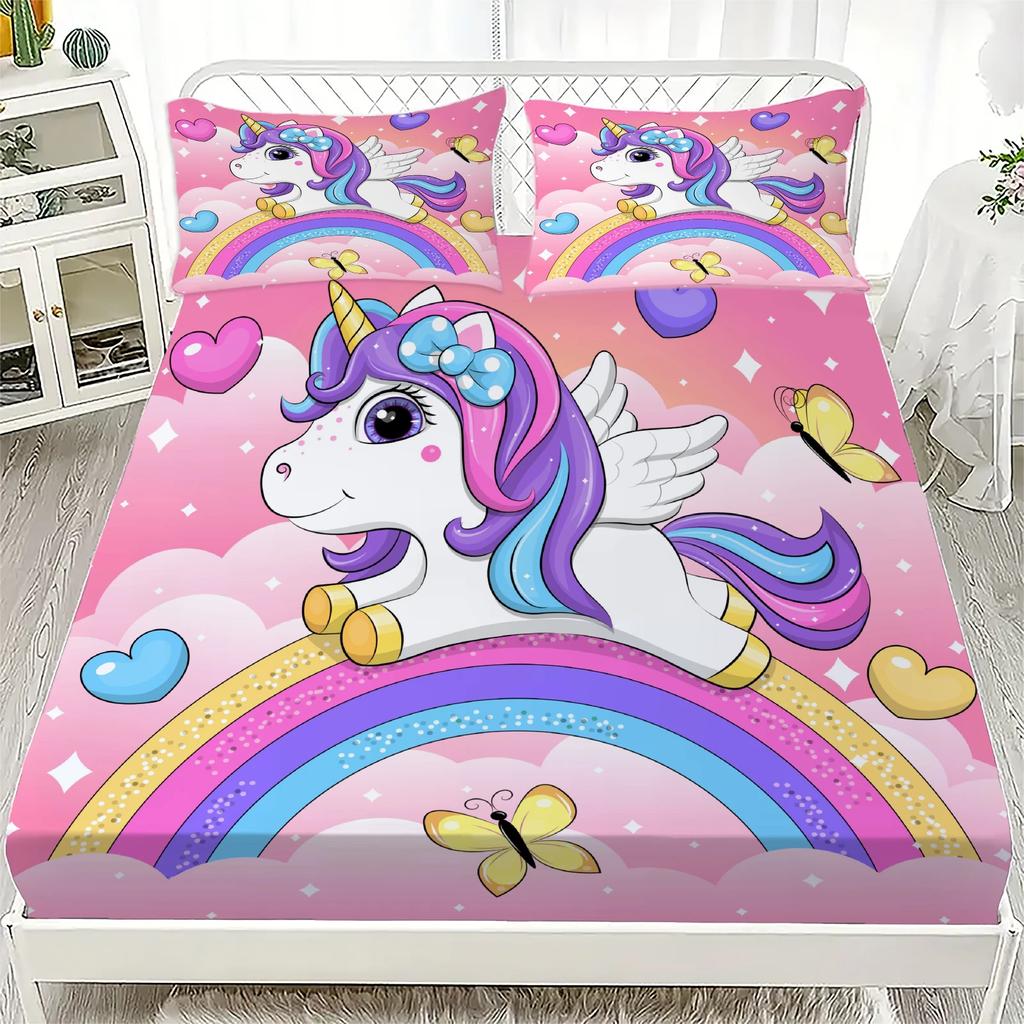 Unicorn Pattern 3D Fitted Sheets Set Cute Kids Bedding with 1/2 Pillowcases  Boys Girls Bedroom Decor