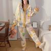 Пижамный комплект с принтом лимона весна-осень 2025 г., топ с длинными рукавами на пуговицах и брюки с эластичным поясом, комплект женской одежды для сна и отдыха