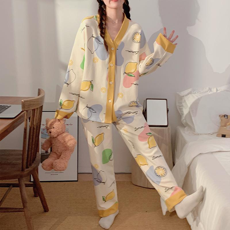 Пижамный комплект с принтом лимона весна-осень 2025 г., топ с длинными рукавами на пуговицах и брюки с эластичным поясом, комплект женской одежды для сна и отдыха