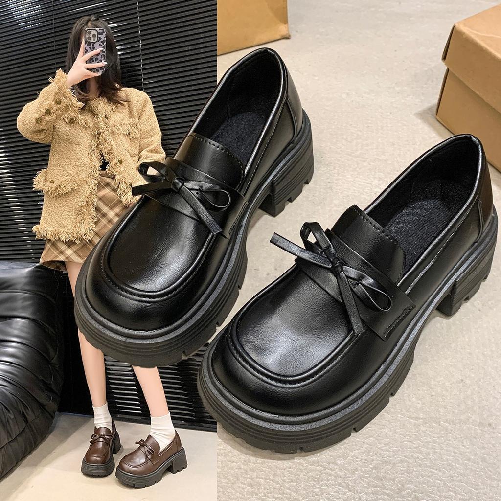 Loafers Women's 2024 Autumn 5 Spring New Roman Thick Heel Platform Bow British Black Small Leather Shoes
