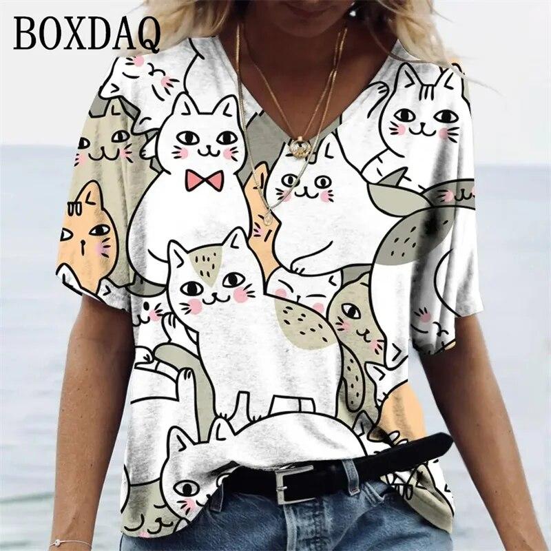 Женские футболки с принтом котов и героями мультфильмов, рубашки большого размера с v-образным вырезом для девочек, повседневные топы Kawaii, летние уличные женские футболки с короткими рукавами